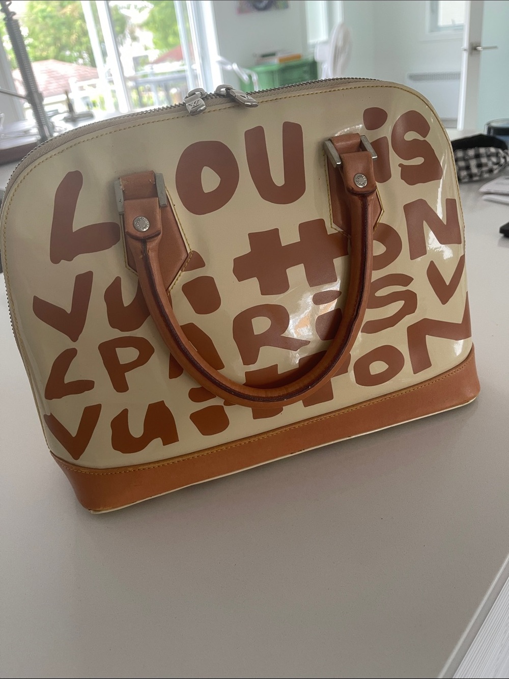 Vintage inspired Cream & Brown Graphic Alma Satchel